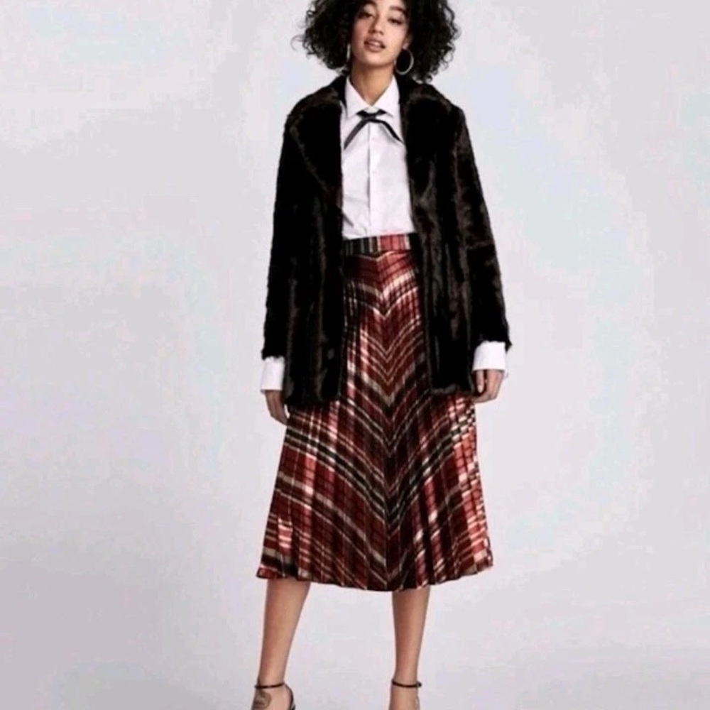 ZARA PLEATED SKIRT MIDI STRIPED METALLIC RED BLACK GOLD Size Xs